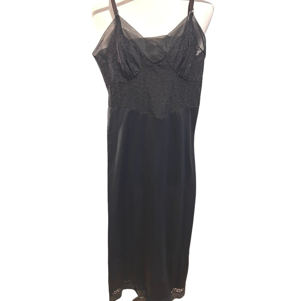 Vintage Munsingwear Black Nylon Tricot Lace Maxi Slip Dress Size 32‎ Tall USA